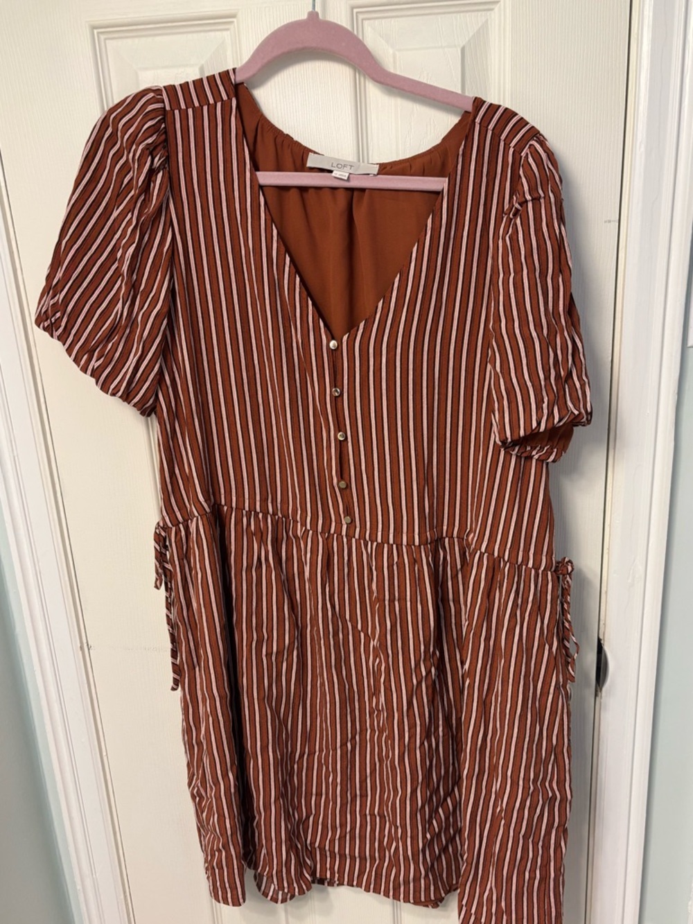 LOFT Rust and White Striped V-Neck Button Front Baby Doll Dress